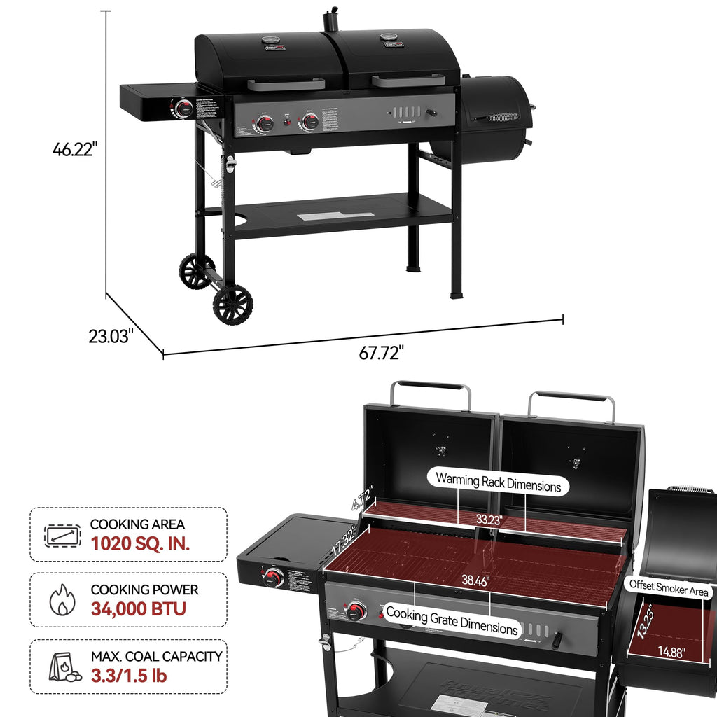ZH3006Y 2-Burner Gas and Charcoal Grill Combo, Offset Smoker