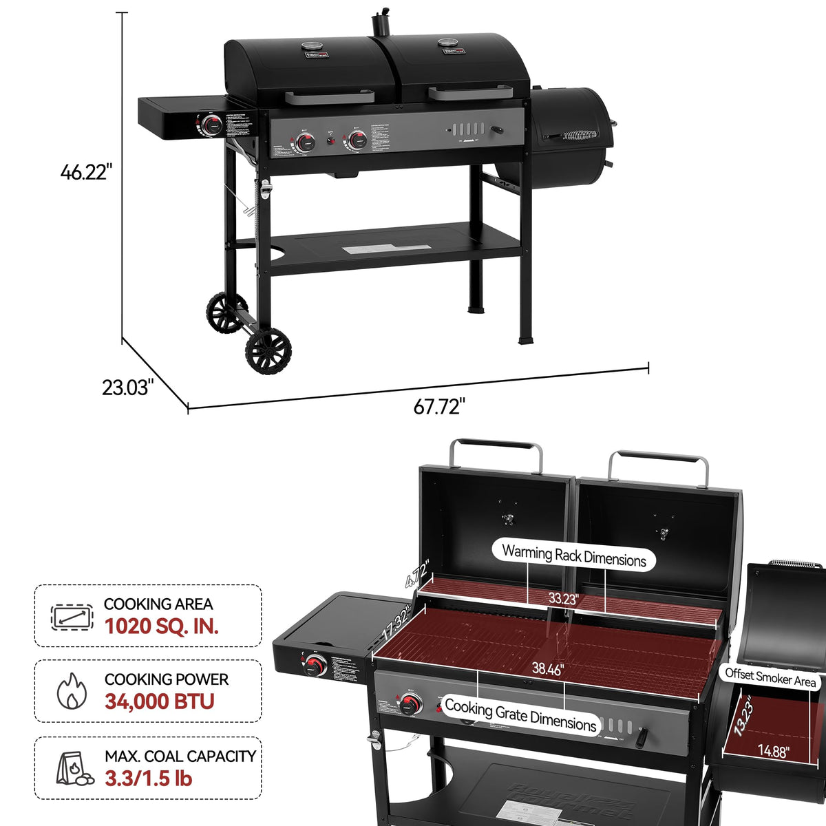 ZH3006Y 2-Burner Gas and Charcoal Grill Combo, Offset Smoker