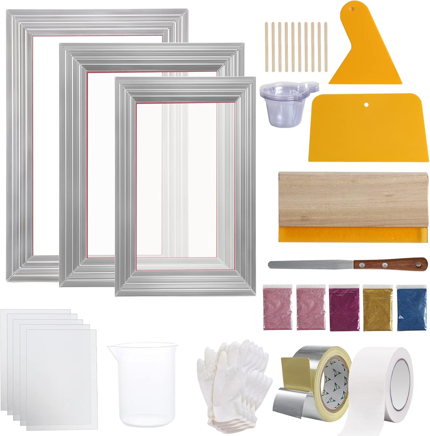 Screen Printing Kit, 3 PCS Aluminum Silk Screen Printing Frames, 5 Glitters and Screen Printing Squeegees and