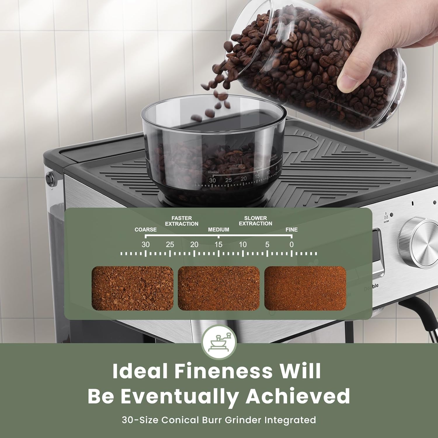 20 Bar Espresso Machine with Grinder & Steam Wand for Latte Cappuccino | Removable Water Tank, Powerful Milk Frother