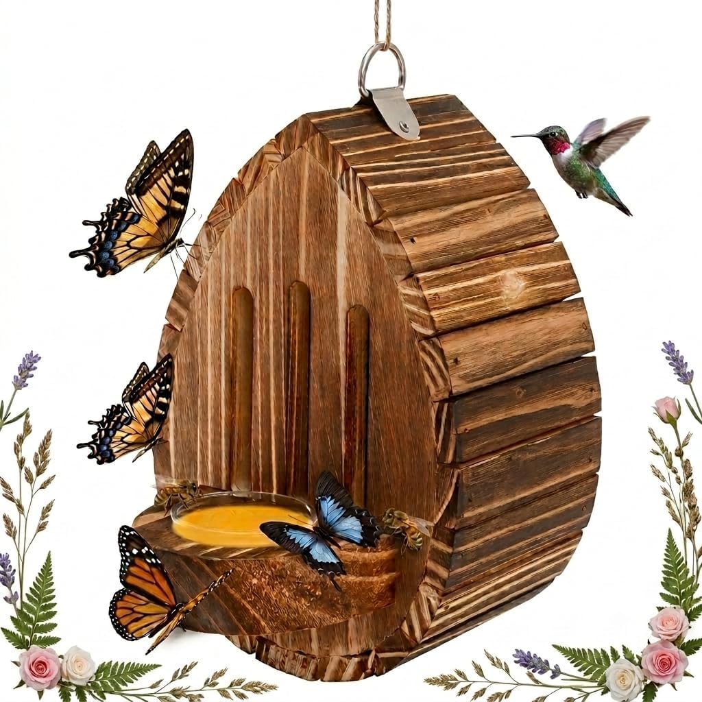 Butterfly House for Outside, Wooden Butterfly Habitat & Feeder for Garden, Teardrop-Shaped Hanging Nesting Box for