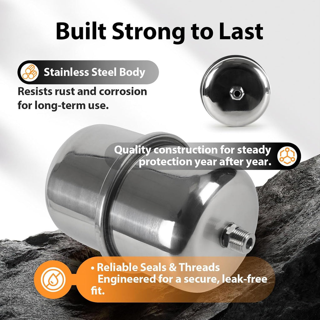20-PCs HeSun 2L Mini Thermal Expansion Tank, 1/2" MIP Connection | Stainless Steel,Maintain Safe Pressure, for
