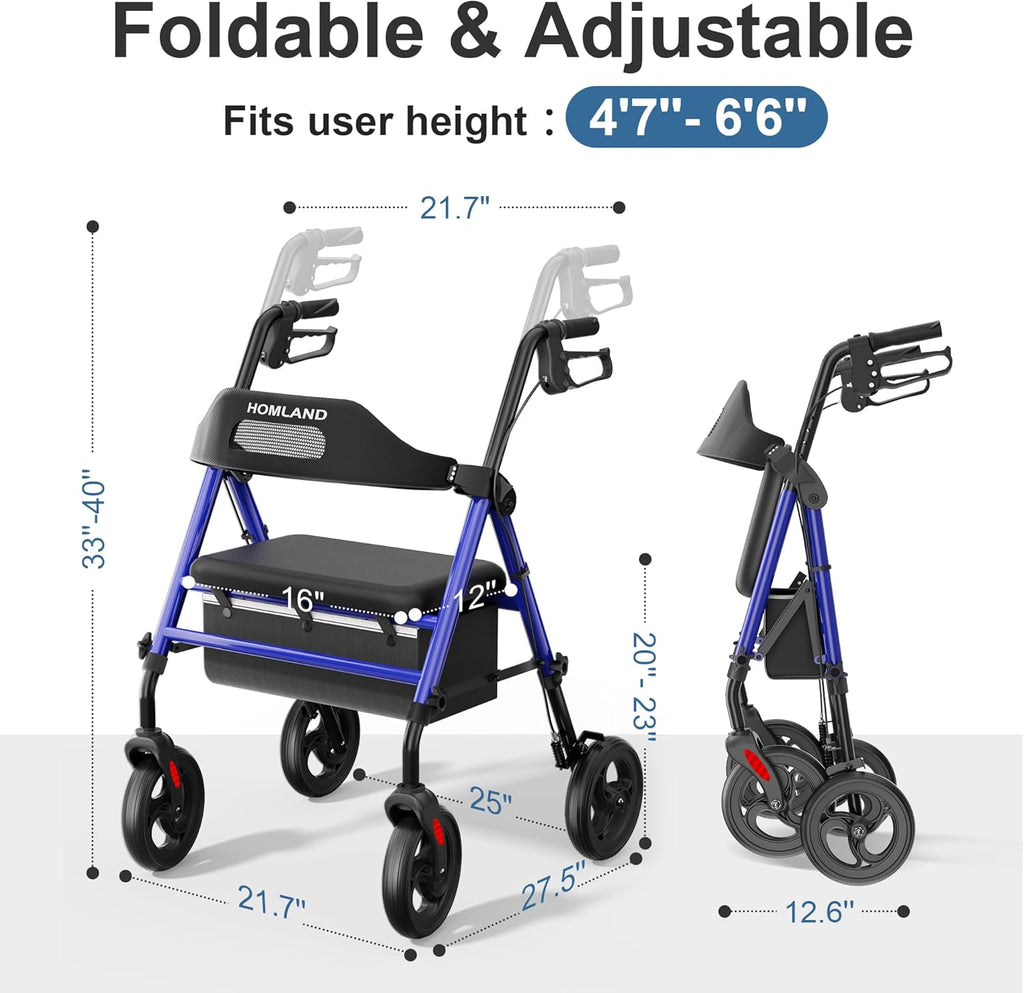 Foldable Rollator Walkers with Seat for Seniors, 8'' Big Wheels, 350 lb. Weight Capacity, Adjustable Handles and Seat
