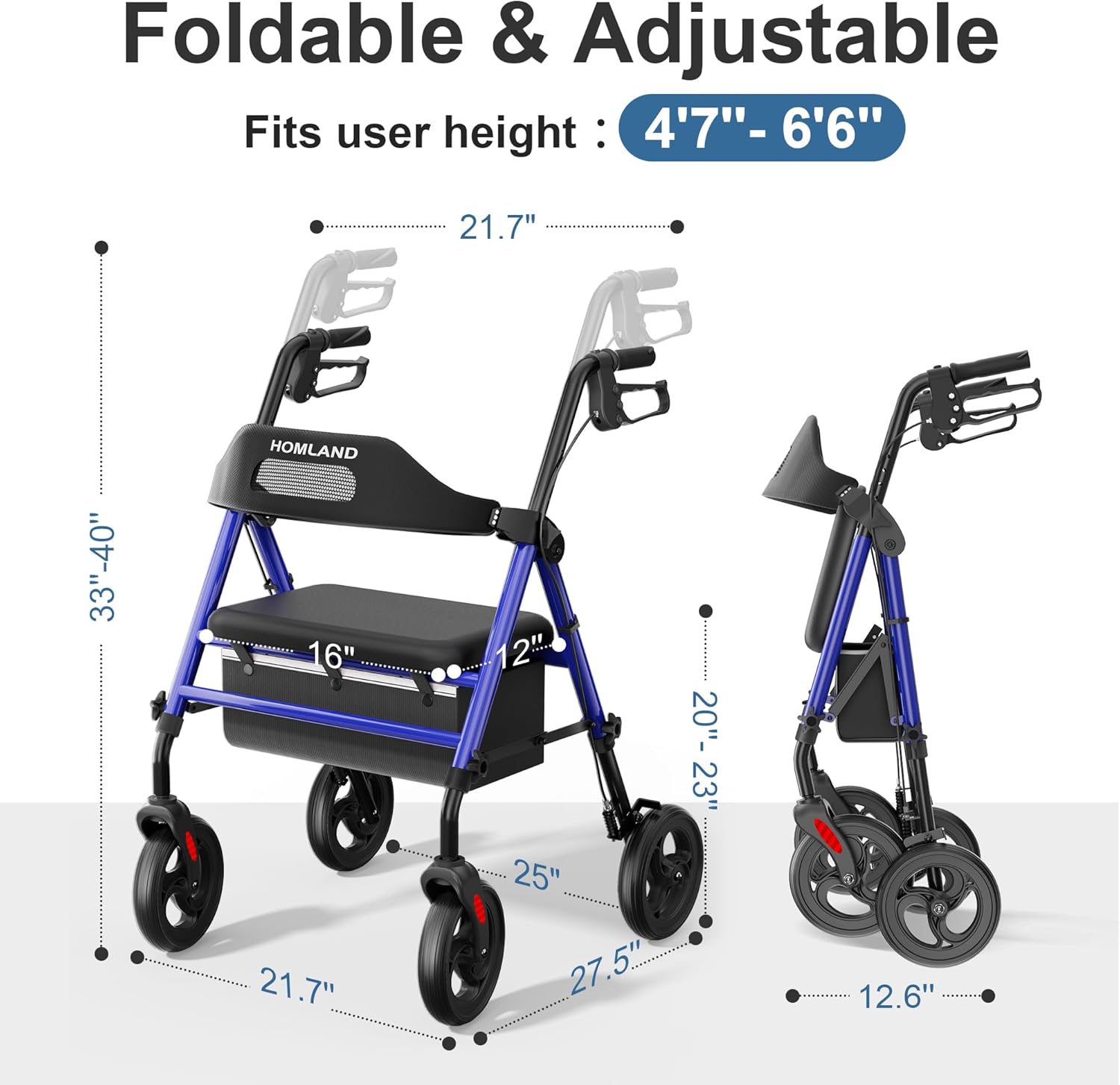 Foldable Rollator Walkers with Seat for Seniors, 8'' Big Wheels, 350 lb. Weight Capacity, Adjustable Handles and Seat