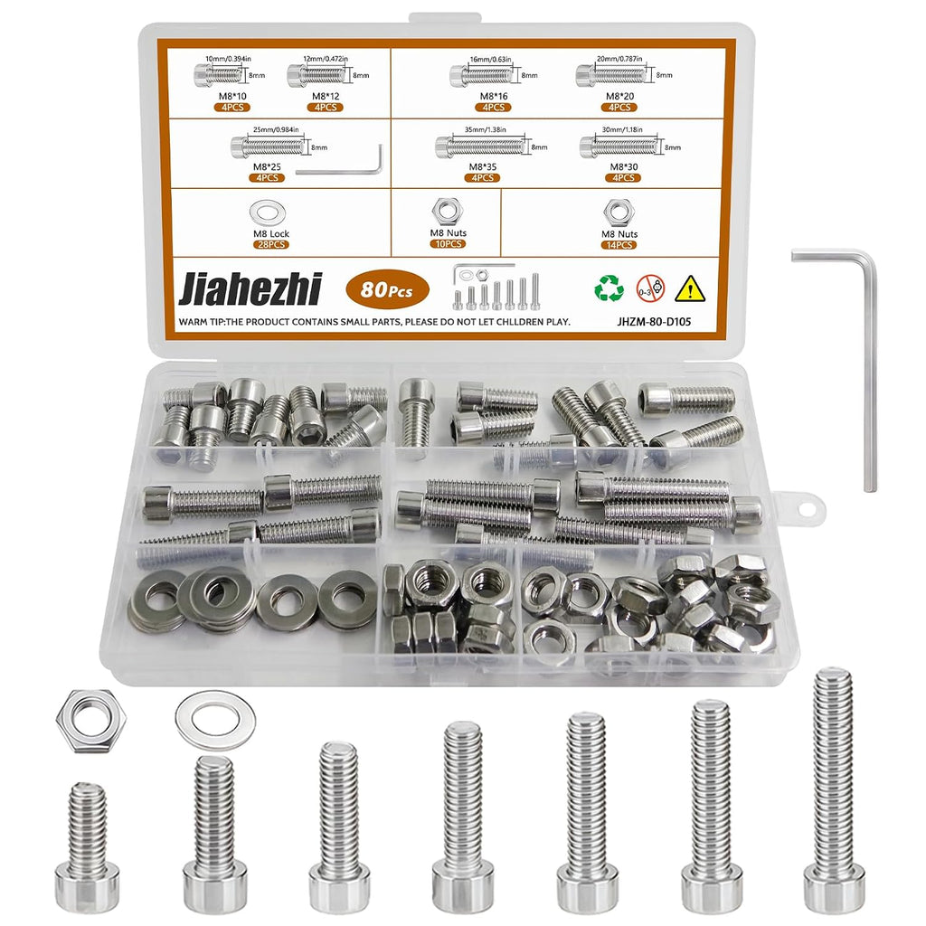 80Pcs M8 201 Stainless Steel Hex Socket Cap Bolt & Nut Set