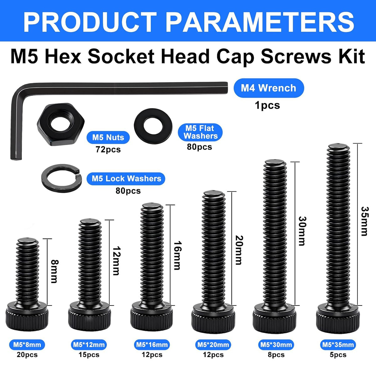 304PCS M5 Screws Kit with Nuts and Washers, M5x8/12/16/20/30/35mm