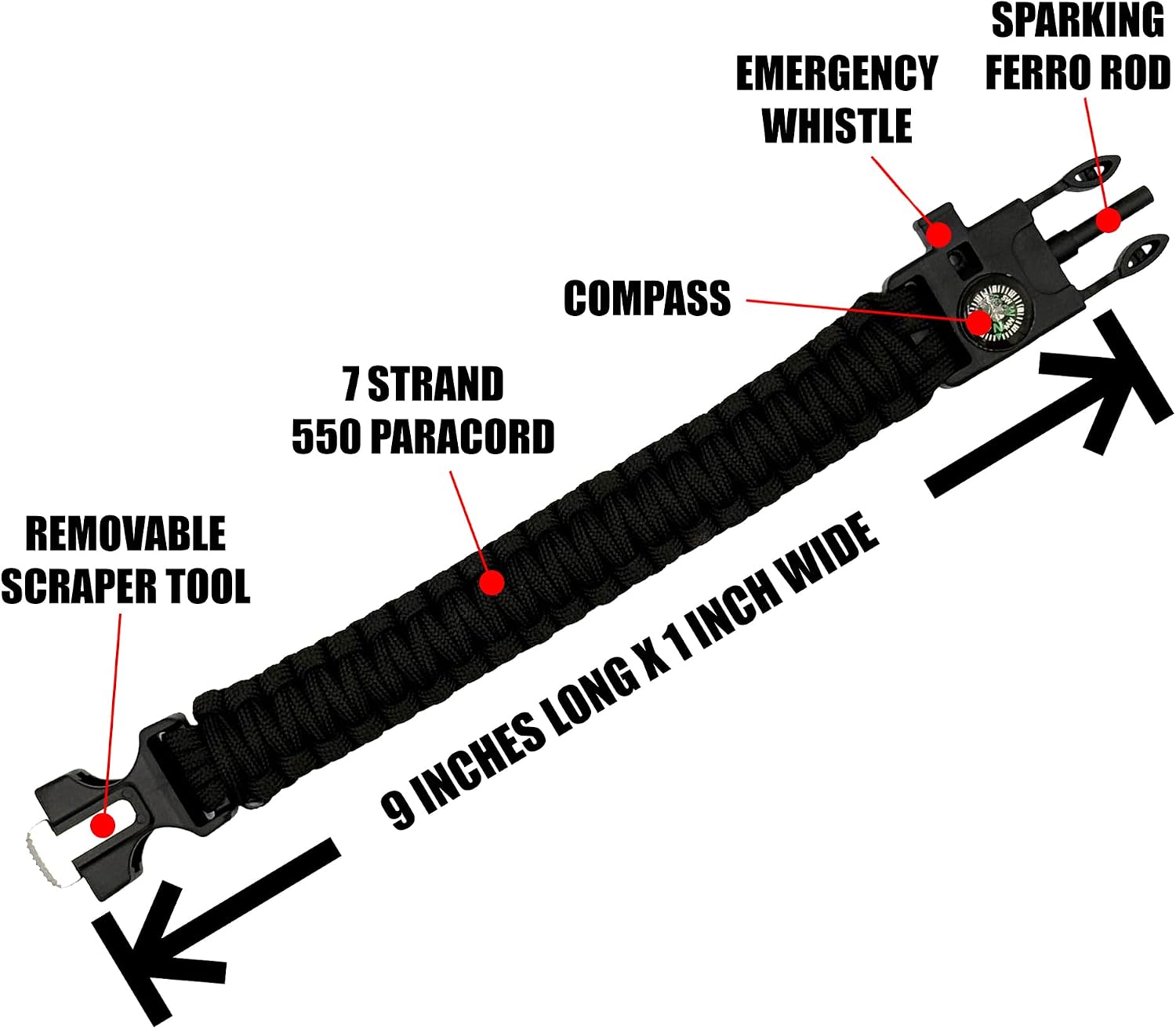 550 Paracord Survival Bracelet with Magnetic Liquid Compass, Ferro Rod Fire Starter, Scraper Tool and Emergency