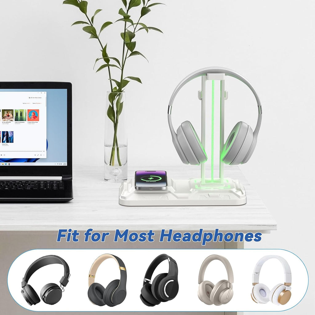 RGB Headphone & Controller Stand with Wireless Charging - Rotatable Headset Stand with 9 Light Modes - Controller