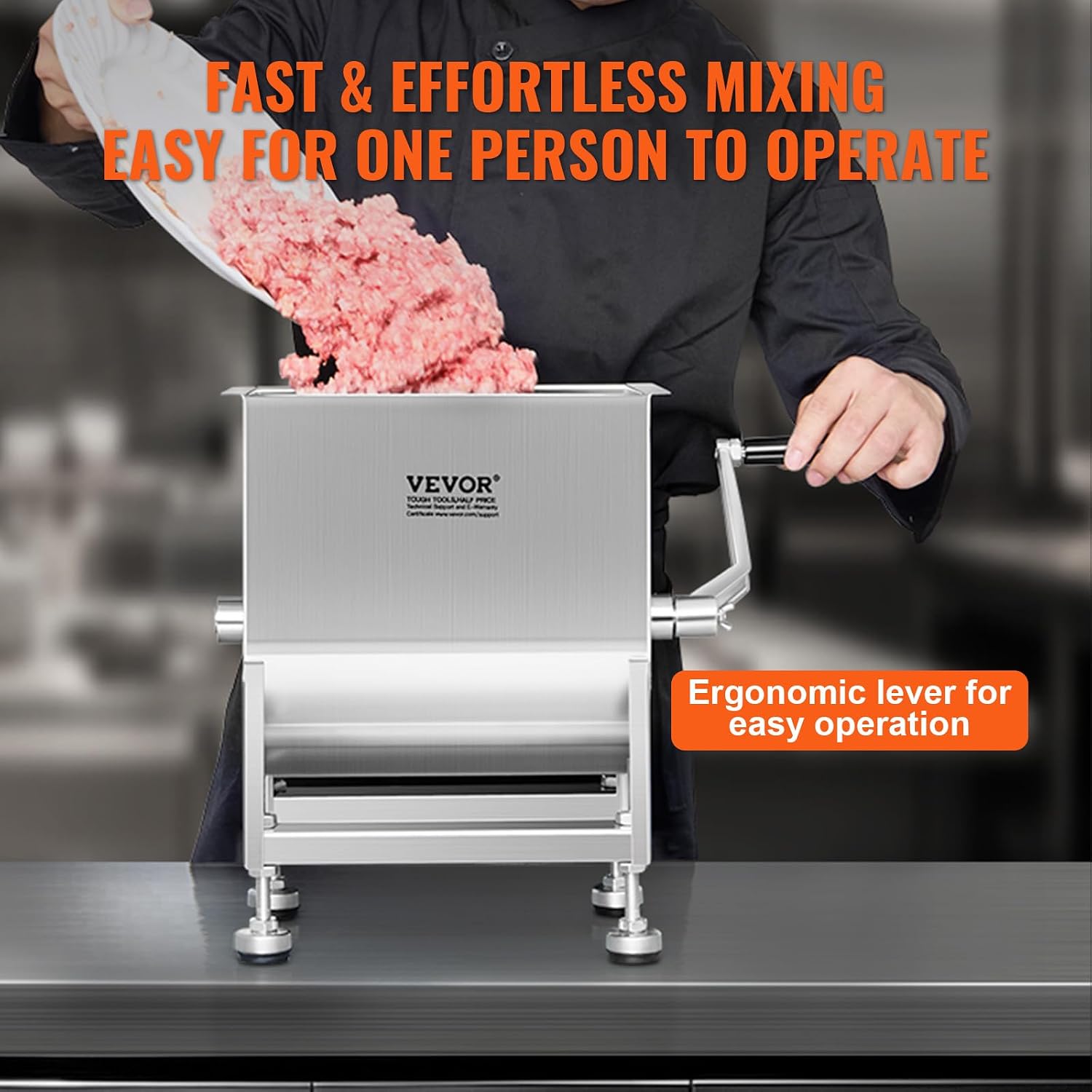 Manual Meat Mixer, 10L Fixed Tank – Heavy Duty Stainless Steel Hand Mixer for Ground Beef & Sausage, Max 15lb Mixing