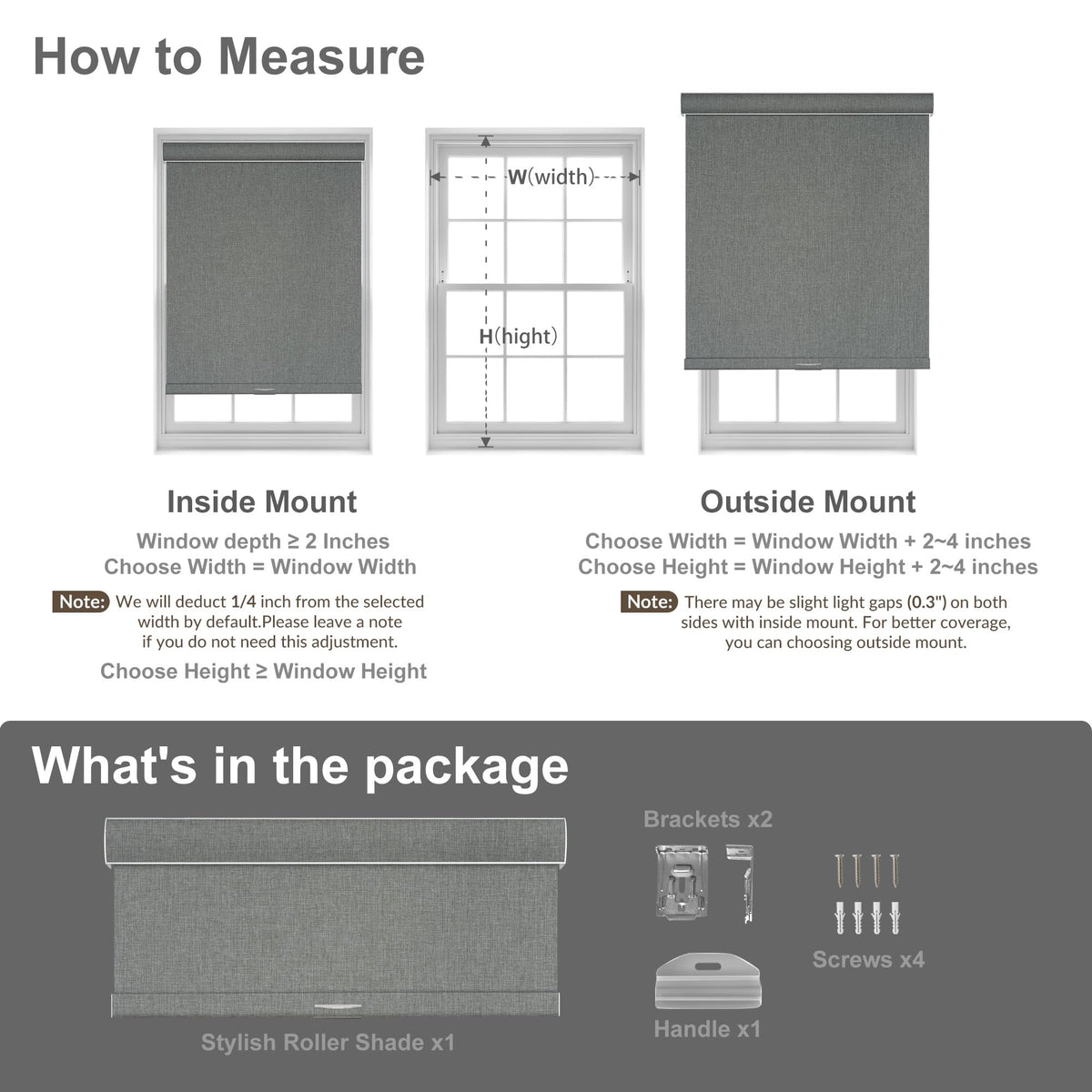 Blackout Roller Shades for Windows, Grey, Custom Size