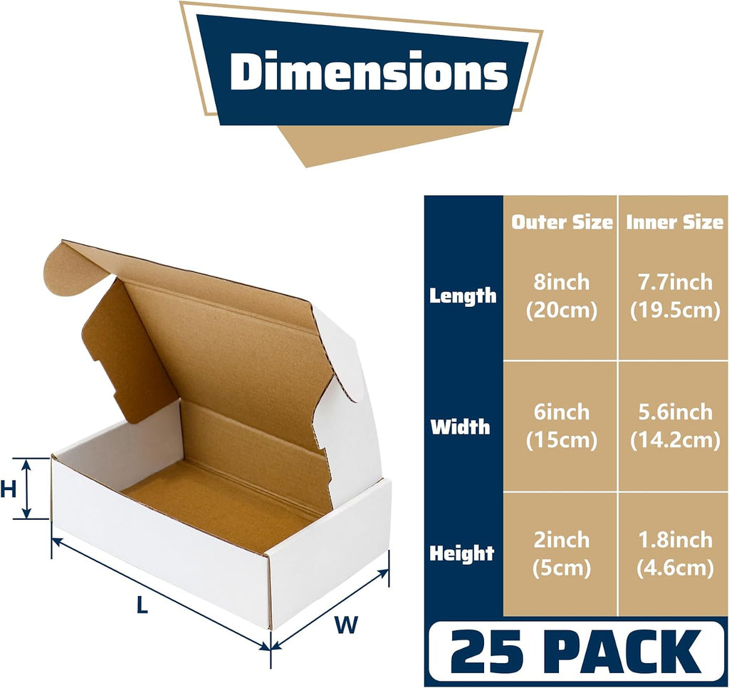 Shipping Boxes Set of 25, 8" x 6" x 2" White Corrugated Cardboard Box, Mailer Boxes for Packaging, Mailing