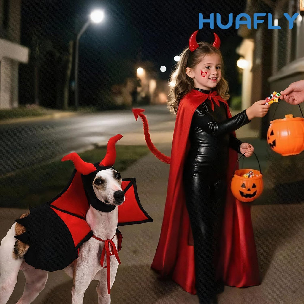 Cat Costume,Dog Halloween Costumes, Adjustable Vampire Costume with Devil Horns, Comfortable Halloween Costumes for