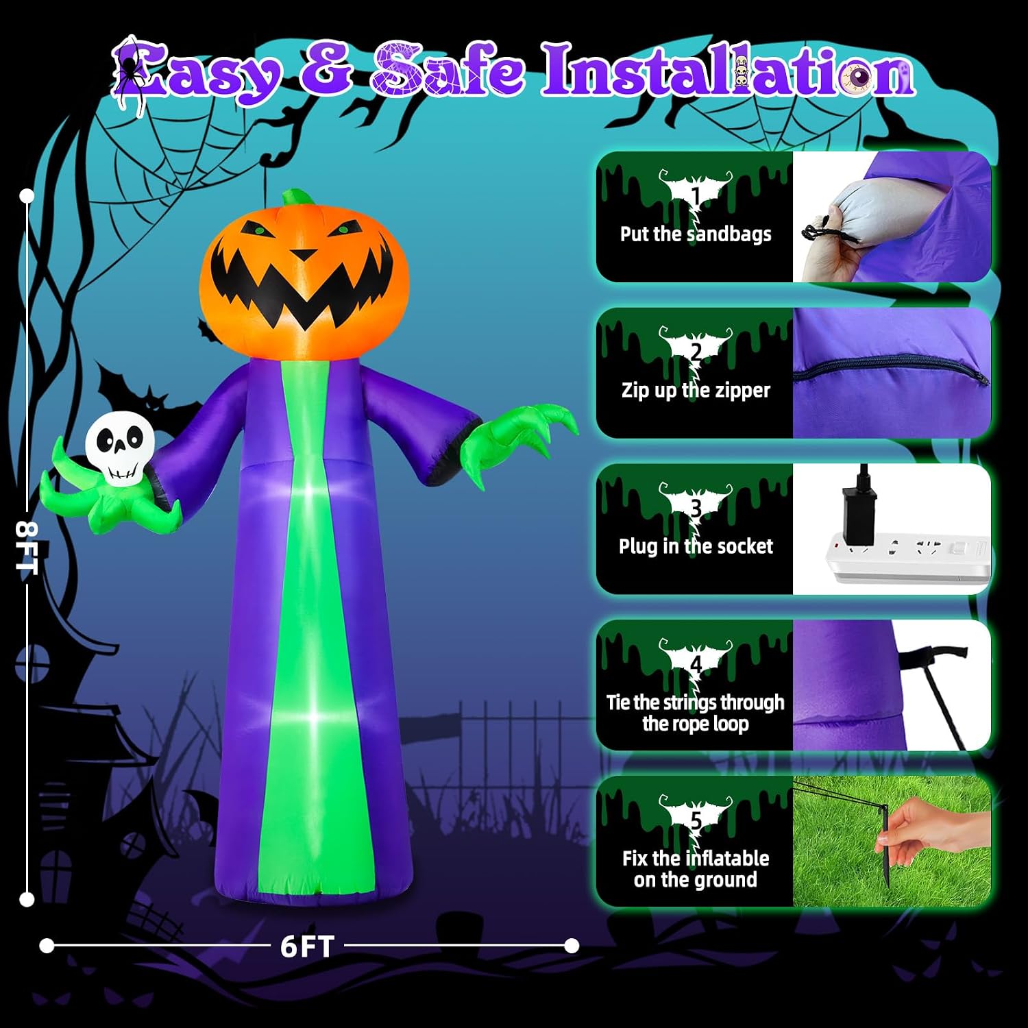 8FT Halloween Inflatables Outdoor Decorations, Inflatable Pumpkin Reaper Halloween Decorations Holds Skull Blow Up