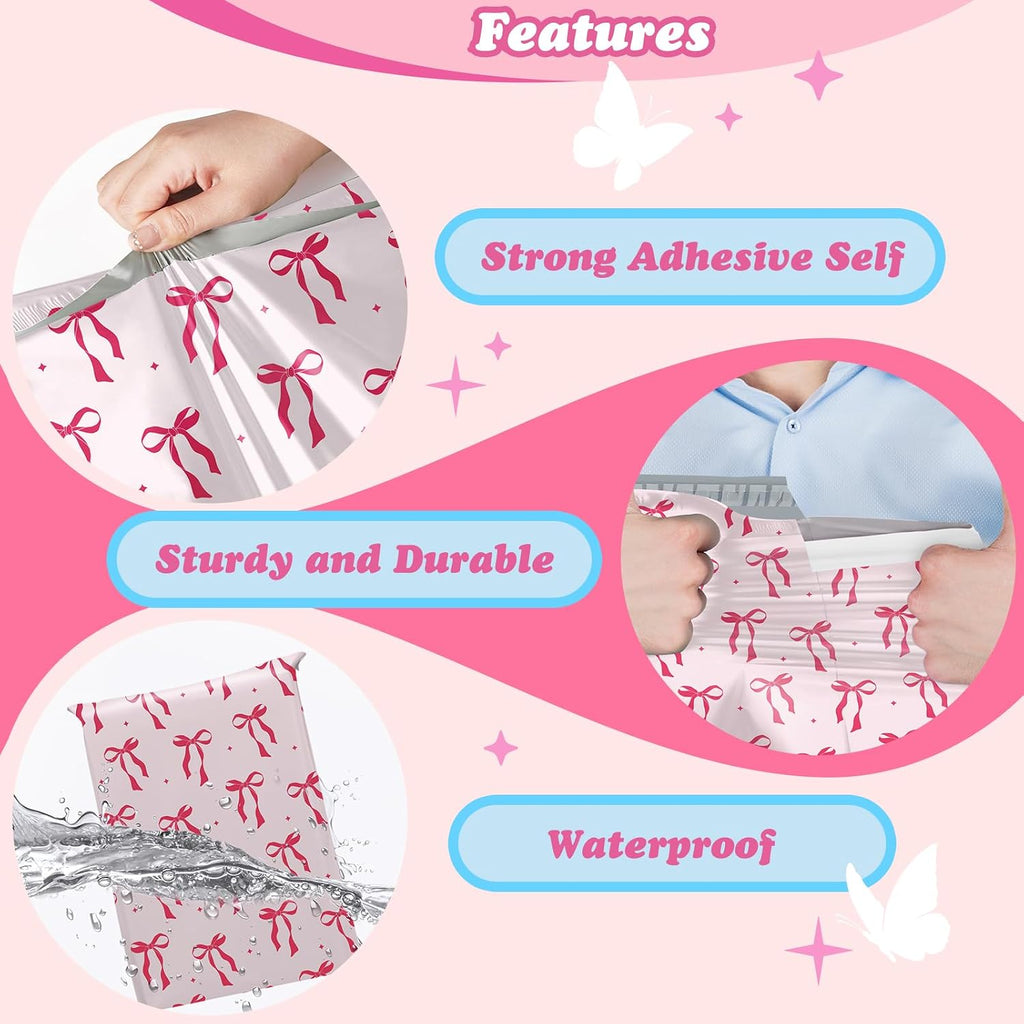 Poly Mailers 10x13" 50pcs,Cute Shipping Bags for Clothes,Pink Bows | Self Adhesive Mailing Shipping