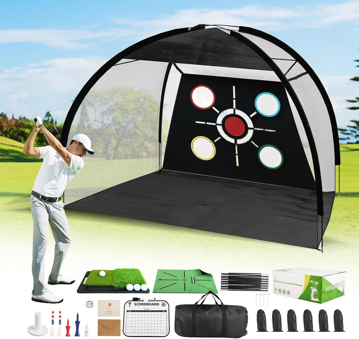 Golf Net, Pro-Grade 10x7 FT Practice Net Kit with 2-in-1 Replaceable Non-Slip Turf Mat, Golf Driving Nets for