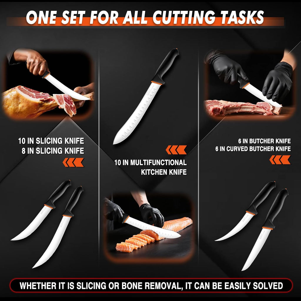 Butcher Knife Set 6 pcs - Game Processing Knife Set 7" Sharpener Rod
