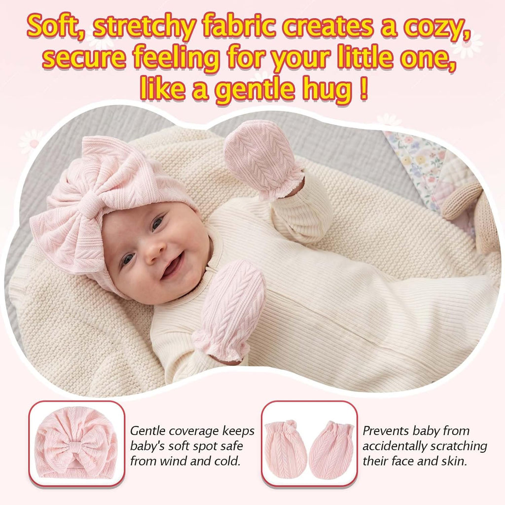 8 Sets Newborn Baby Girl Bow Hats and Mittens Turban Beanies 0-3M
