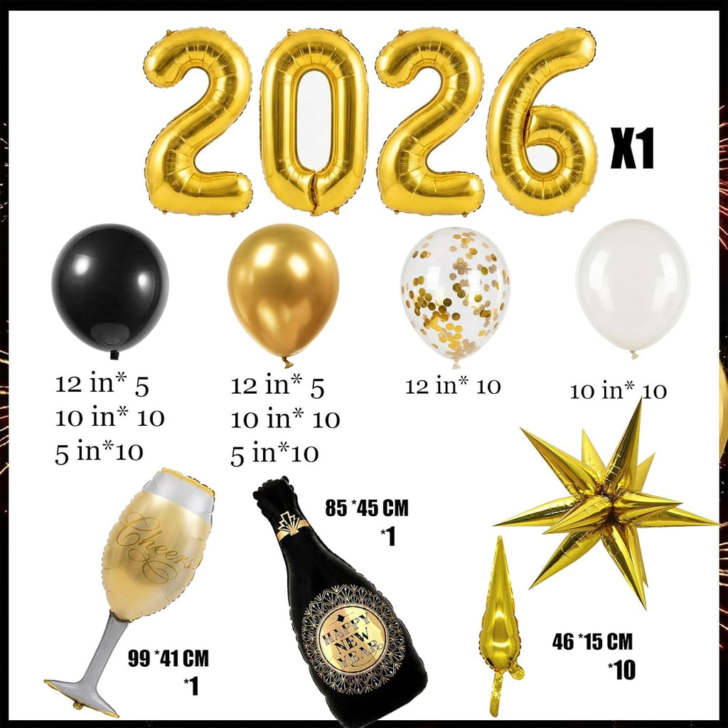 Happy New Year Eve Party Decoration Supplies 2026 New Years Eve Black and Gold Balloon Garland Arch Kit Champagne