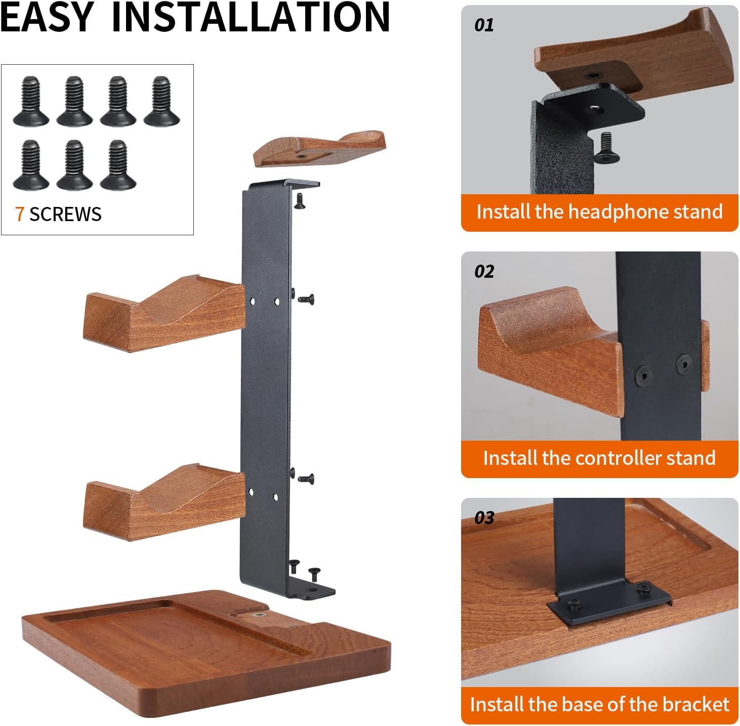 Headset Stand with Gaming Controller Holder, Wood Headphone Stand with Storage Base, Gaming Equipment Accessories for