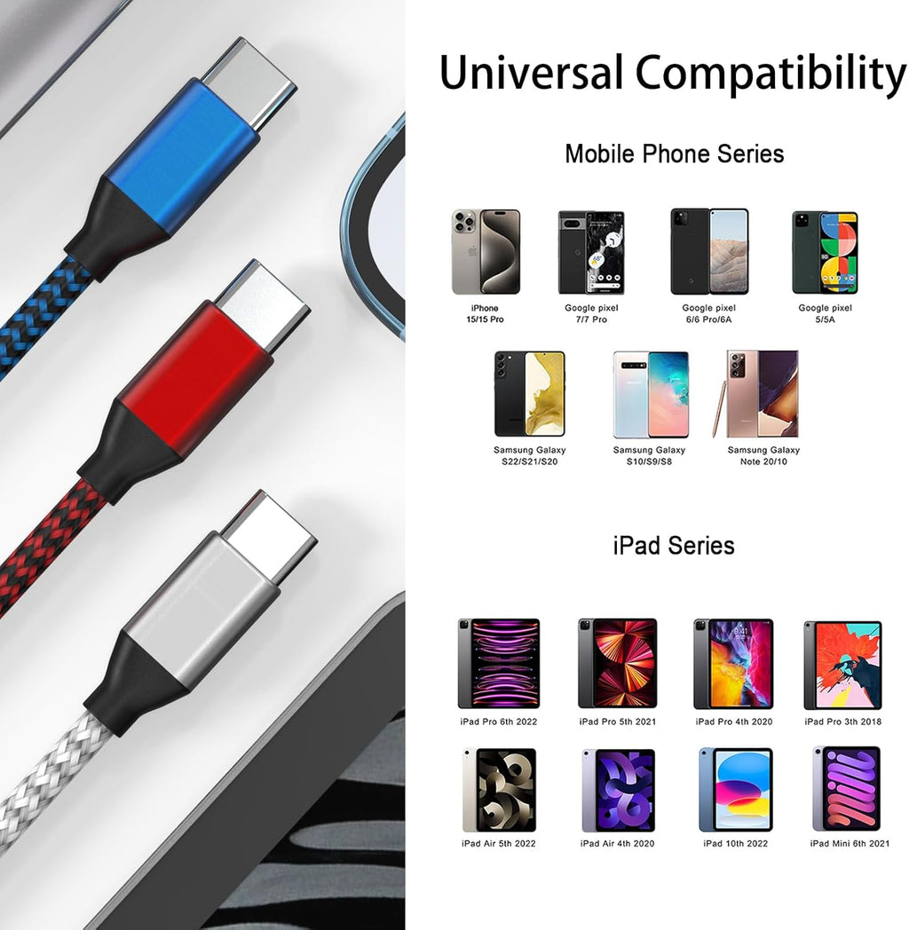 USB C to USB C Cable Nylon Braided 60W 3/3/6/6/10 FT USB Type C Fast Charging Cable for iPhone 17/17 Pro