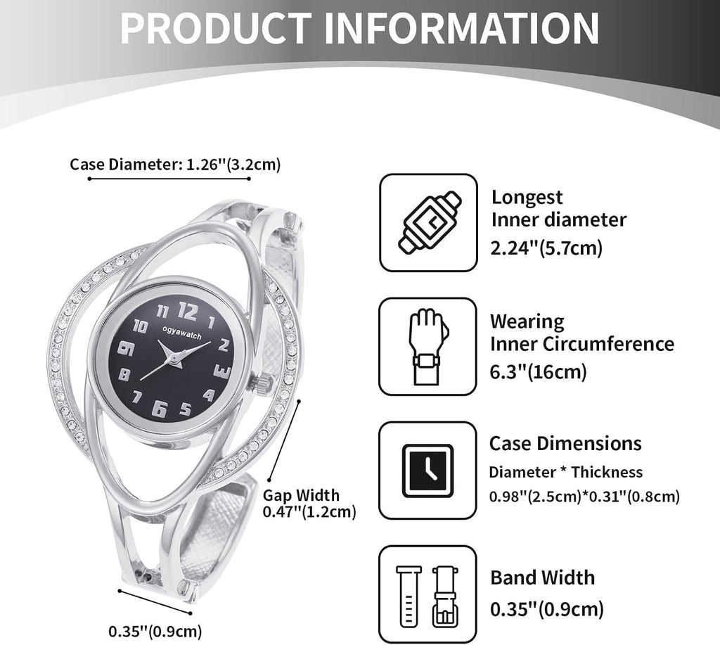 Bracelet Watches for Women: Stainless Steel Chunky Cuff Wrisrwatch - Analog Quartz Arabic Numerals Dial with Zircon