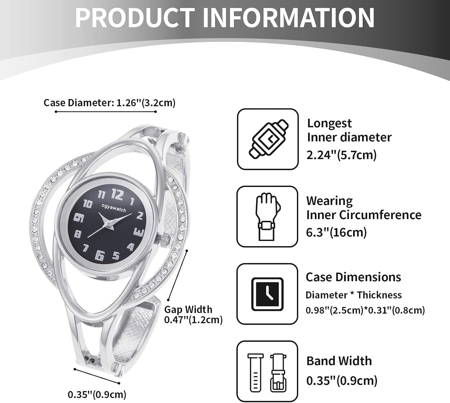 Bracelet Watches for Women: Stainless Steel Chunky Cuff Wrisrwatch - Analog Quartz Arabic Numerals Dial with Zircon