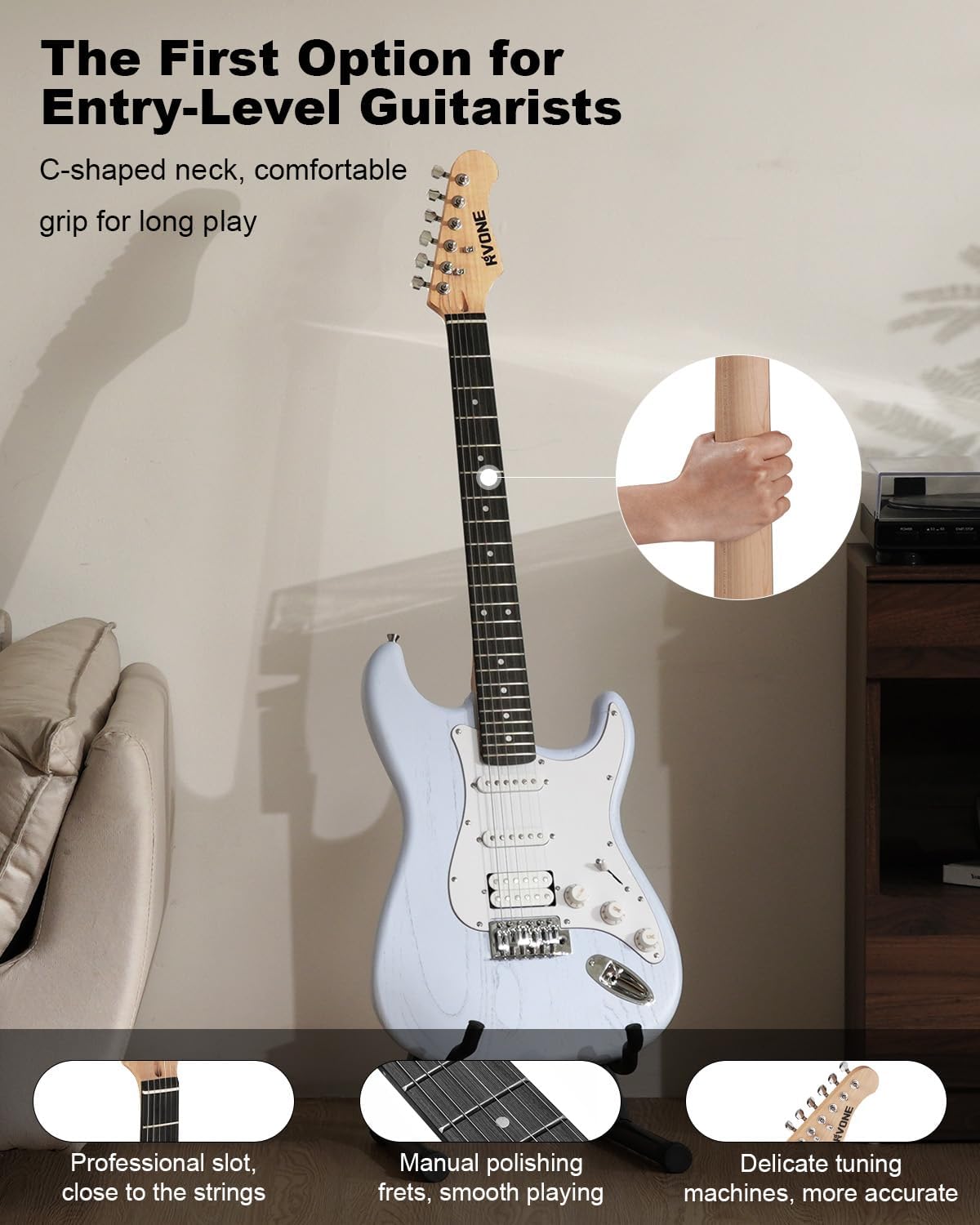 RST-150 39”Beginner Electric Guitar Kit with Amplifier, Classic HSS Pickup, Electric Guitar with Gig Bag, Capo