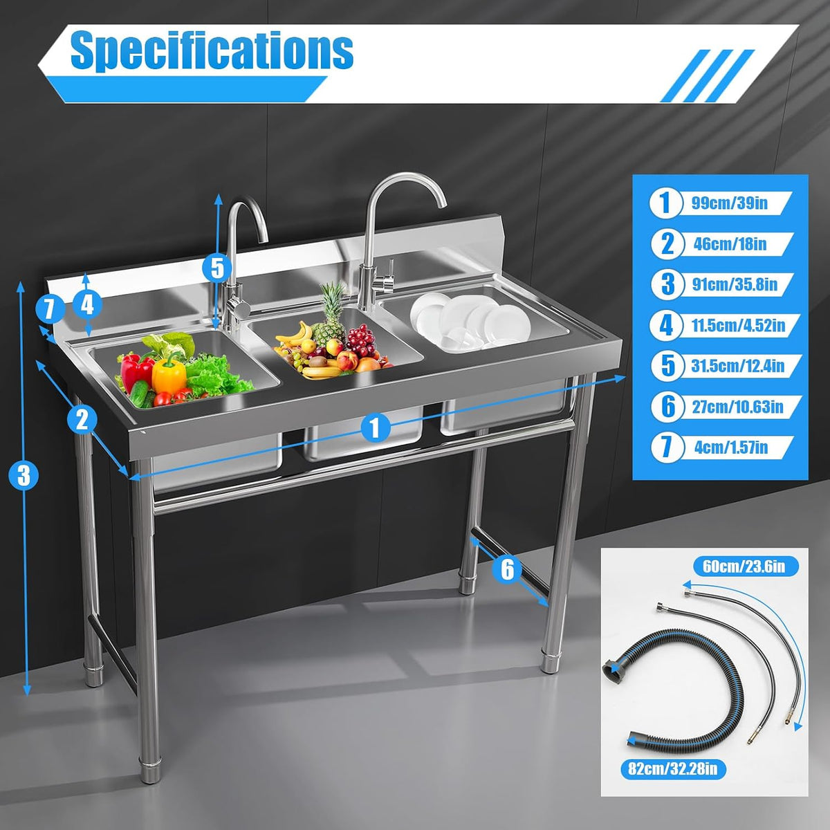 3 Compartment Commercial Sink, 304 Stainless Steel Utility Sink with Faucet