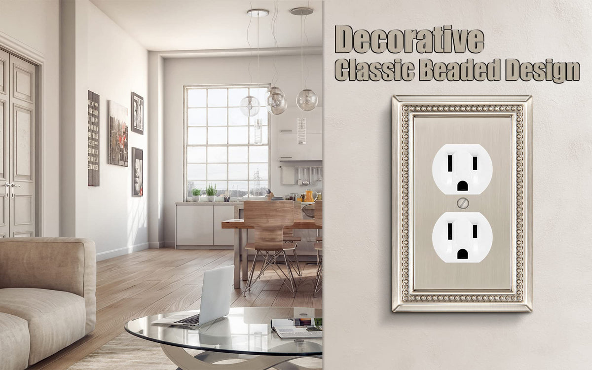 Sunken Pearls Heavy-Duty 1 Duplex Outlet Cover, Satin Nickel, 2 Pack