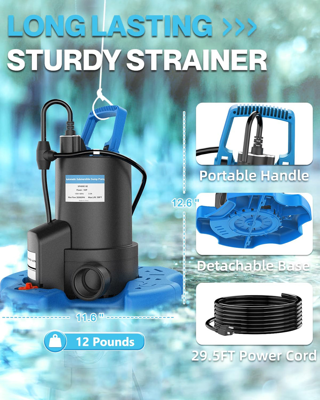 AgiiMan 1HP Automatic Pool Cover Pump, Submersible Sump Pump, Light Blue