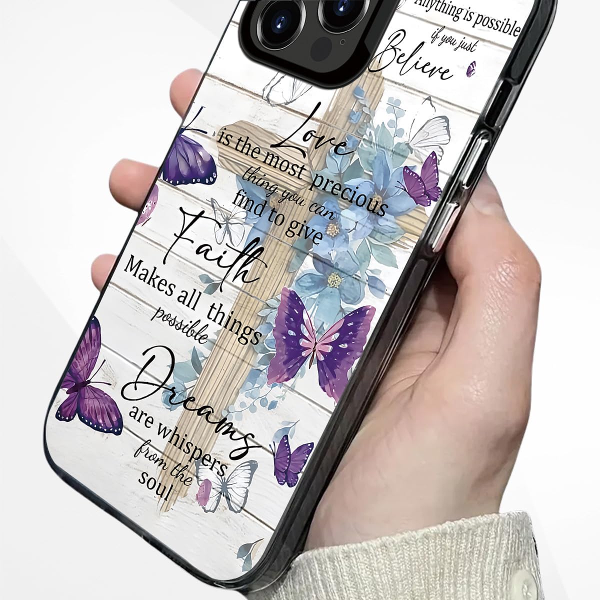 Cute Butterfly Flower Cross Wood Grain Case for iPhone 13 Pro Max | Creative Designs for Women Girls Shockproof