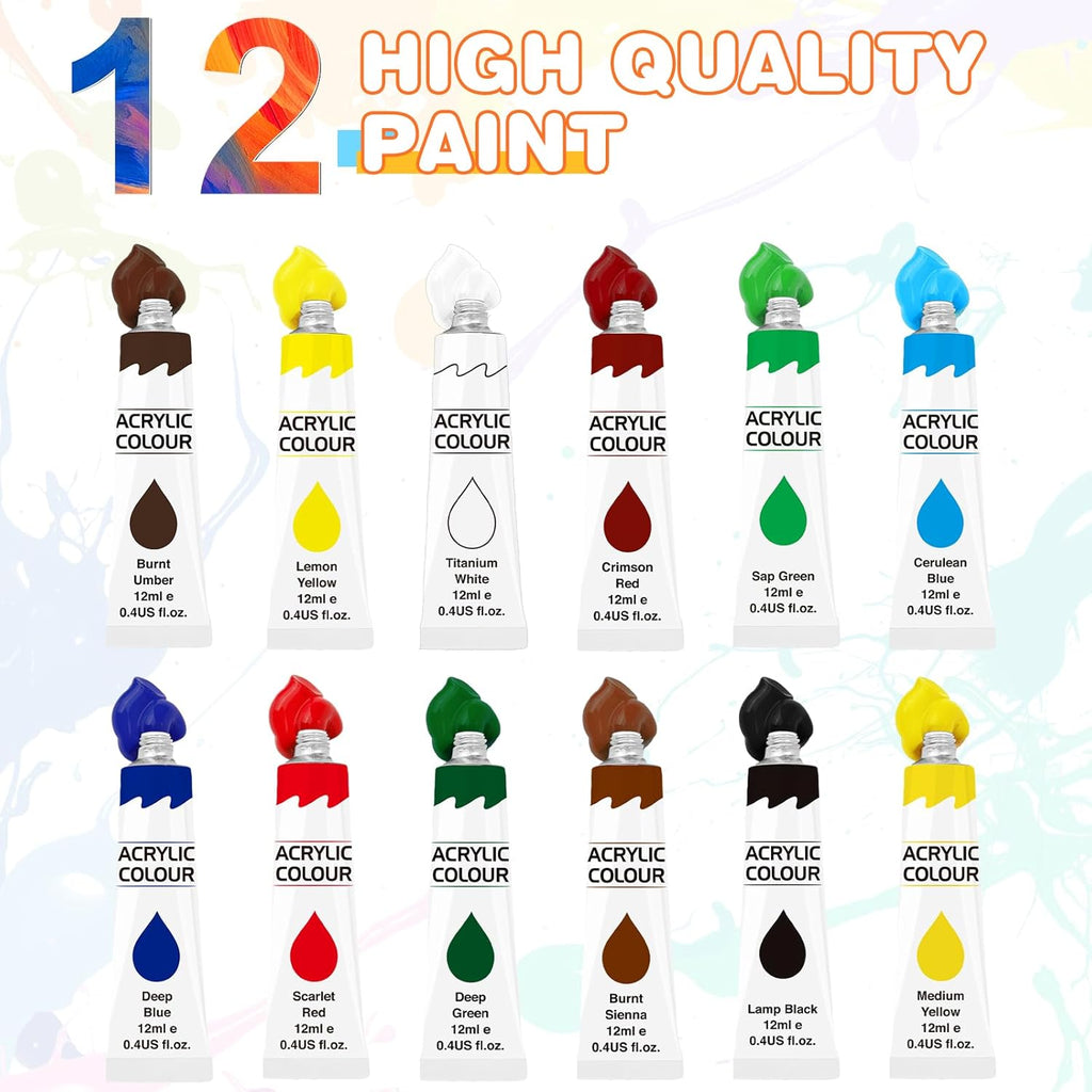 26 PCS Acrylic Paint Set with 12 Colors Acrylic Paints (12ml, 0.4 oz), 10 Paint Brushes, 2 Canvas, 1 Wood Easel, 1
