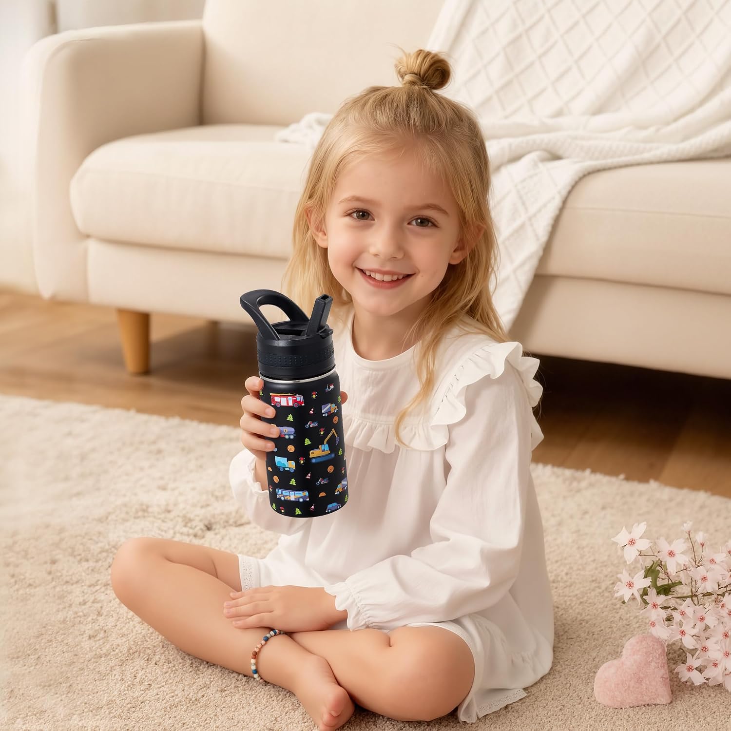 14 Oz Kids Water Bottle, Stainless Steel Water Bottle with Straws, Leak-Proof, BPA-Free, Insulated Water Bottles for