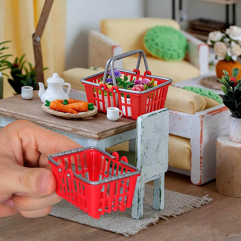 20pcs Mini Shopping Baskets, Plastic Grocery Baskets with Handles | Red Mini baskets for kids pretend play, dollhouse