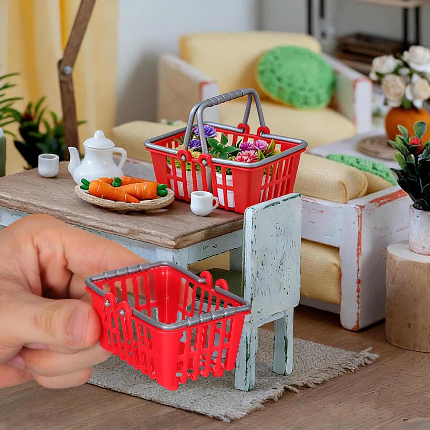 20pcs Mini Shopping Baskets, Plastic Grocery Baskets with Handles | Red Mini baskets for kids pretend play, dollhouse