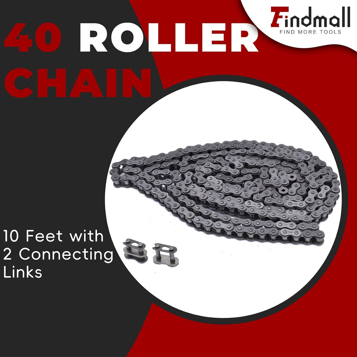 findmall 40 Roller Chain 10 Feet with 2 Connecting Links