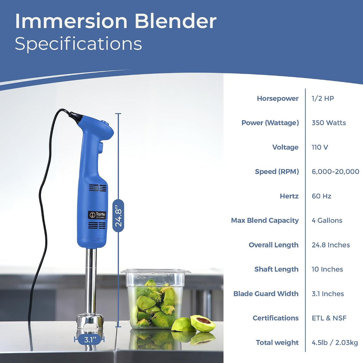 TK Commercial Immersion Blender 350W Light Duty for Restaurants - 10" Shaft