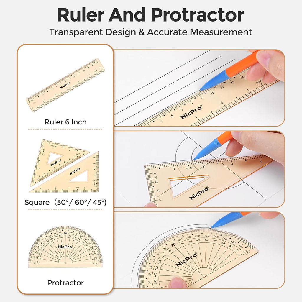 17 PCS Compass Geometry Set with Rulers, Protractors, Drafting Tool | Math for Students with Rulers, Mechanical