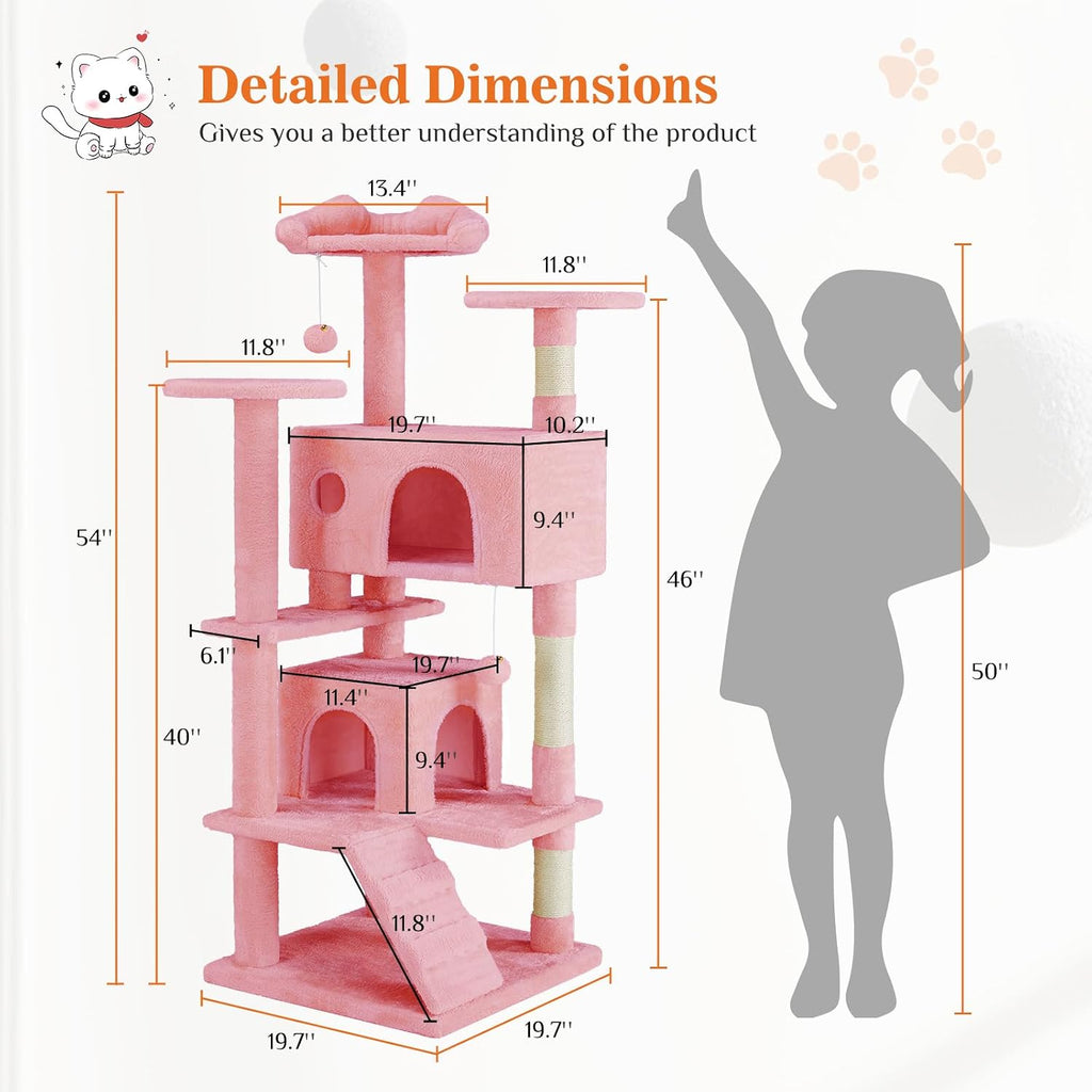 54 Inch Cats Tree Tower, Multi-Level with Scratching Post, Indoor Cat Tree Condo with Climbing Ladder, Plush Toy