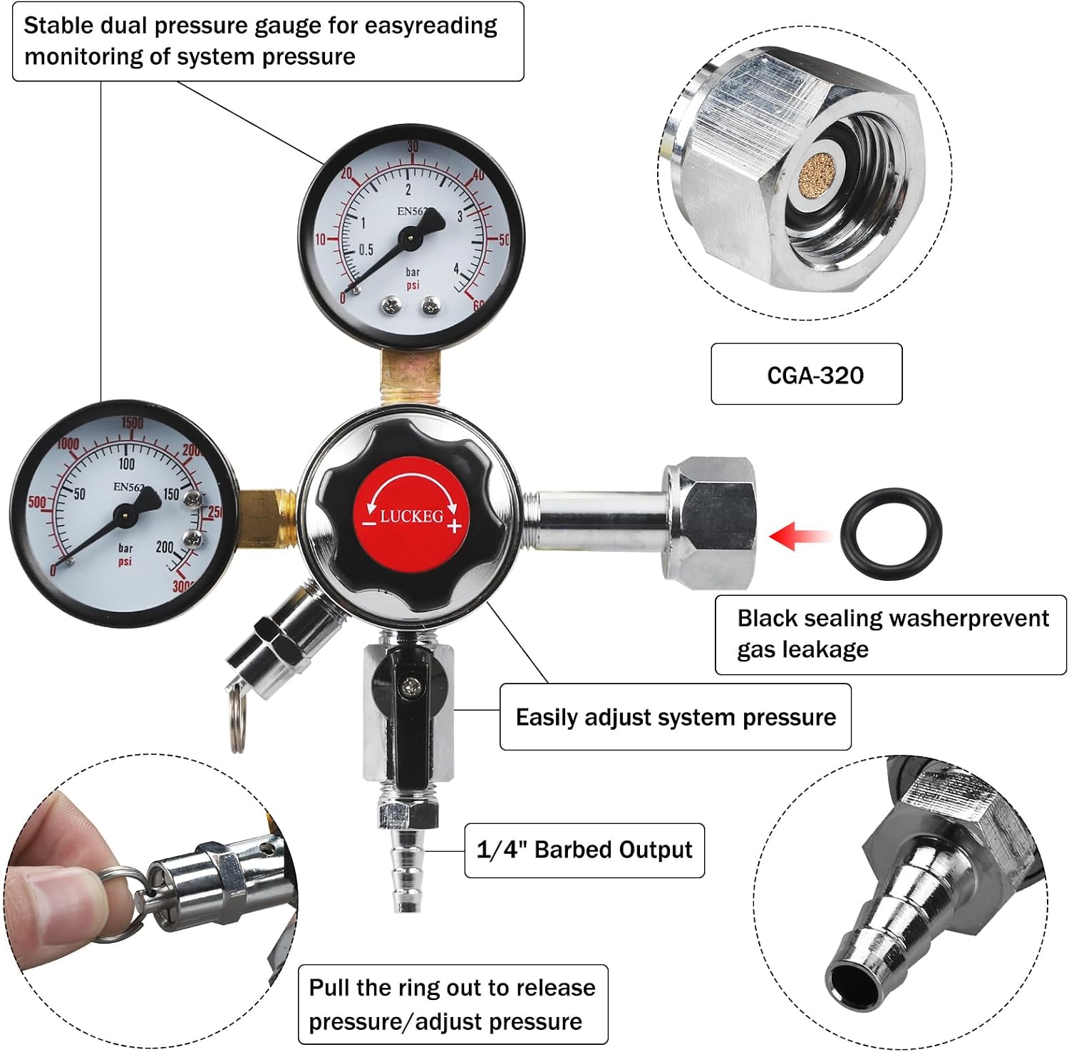 Dual Gauge CO2 Regulator CGA320 Gas Regulator Kegerator CO2 Regulator Beer Keg Regulator Include Ball Lock Gas&liquid