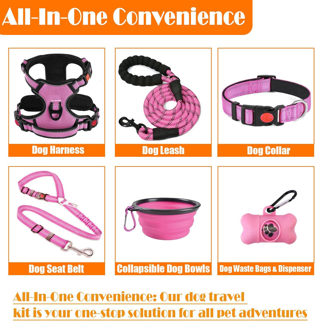 No Pull Dog Harness, Collar & Leash Set | Includes Dog Seat Belt, Collapsible Bowls & Poop Bag Dispenser. Ideal for