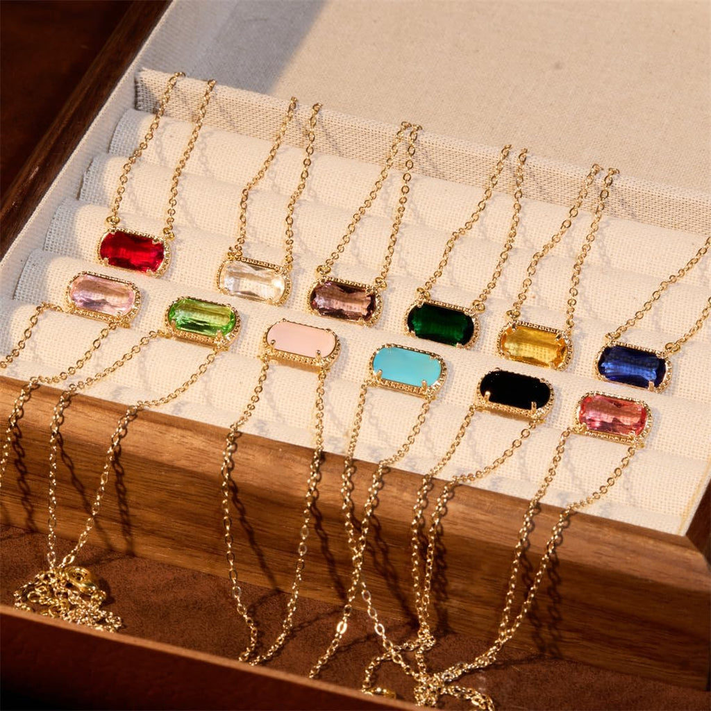 Birthstone Golden Plated Preppy Oval Stone Necklace Trendy Pendant Necklaces Birthday Gifts for Women Mom Wife Friends