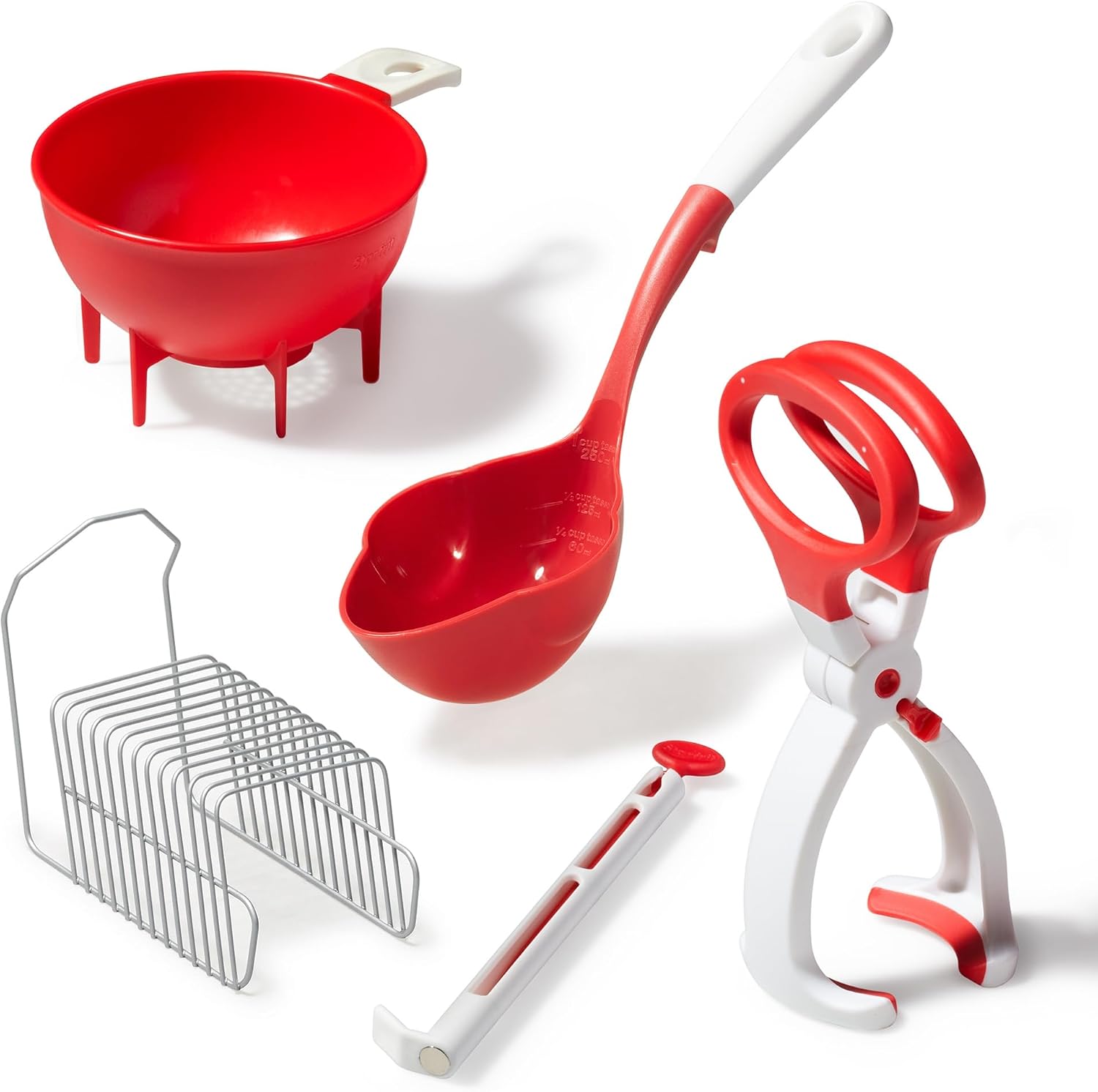 6-Piece Canning Set, Jar Lifter, Funnel & Lid Rack, White & Red
