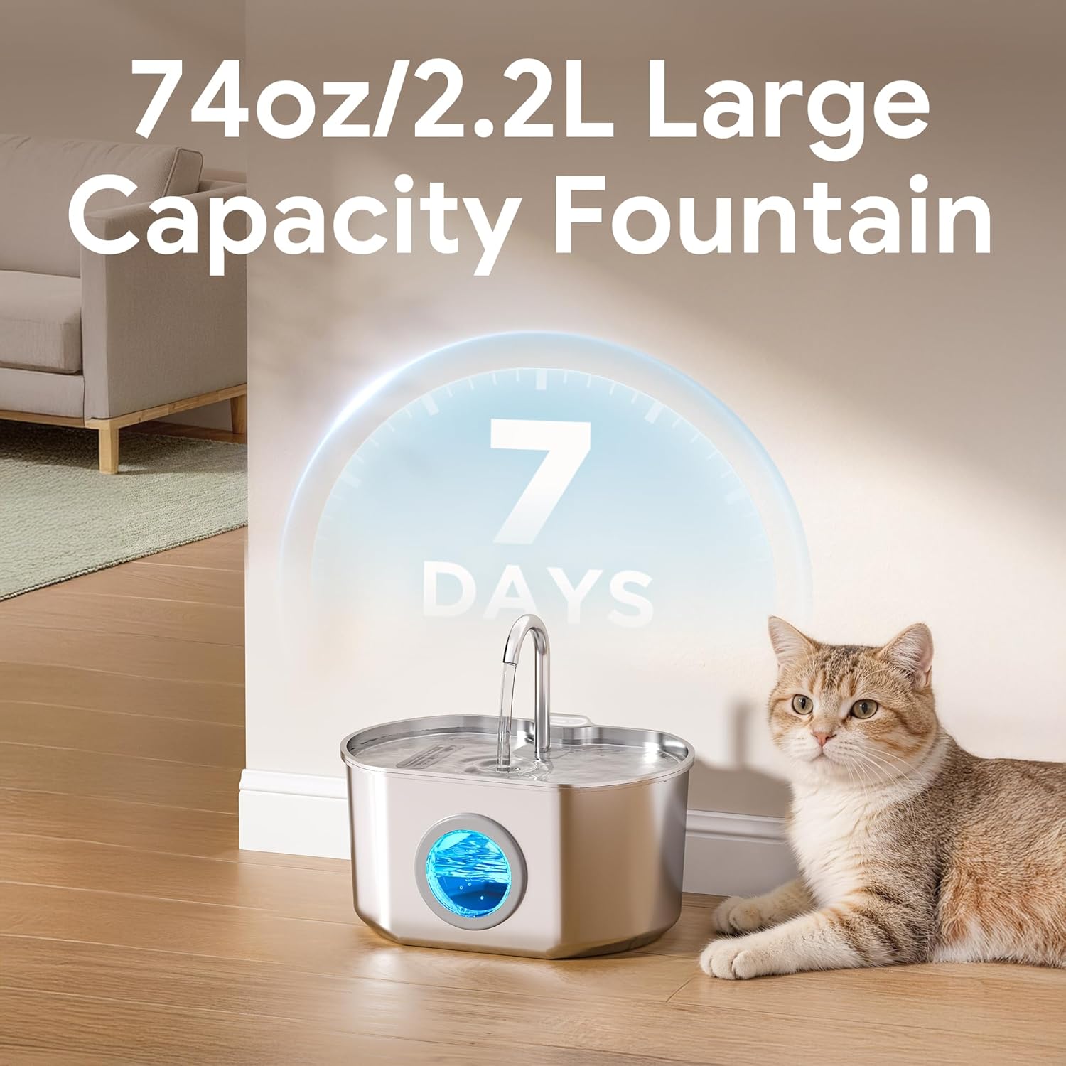 Cat Water Fountain Stainless Steel: 74oz/2.2L Cat Fountain for Drinking- Pet Water Fountain Inside - Automatic Dog