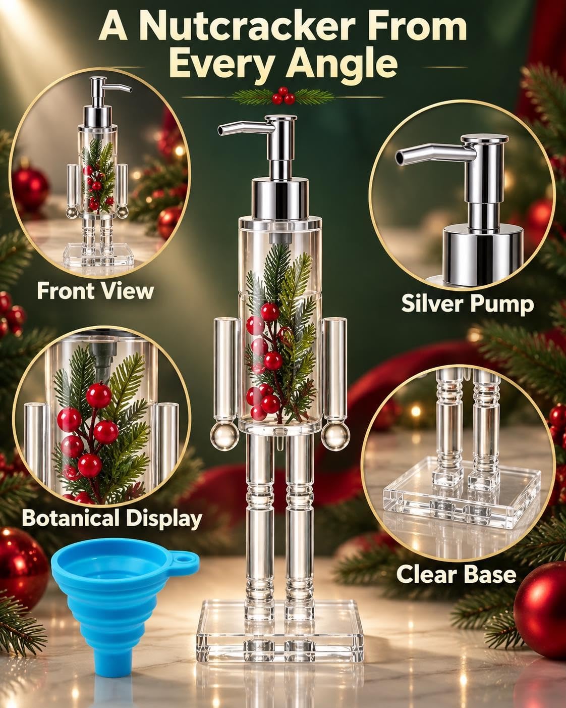 Nutcracker Soap Dispenser Clear Christmas Pump Bottle with Funnel Berries