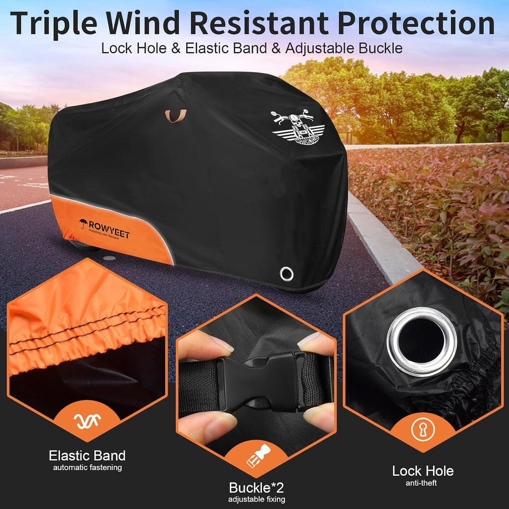 Motorcycle Cover Waterproof Outdoor Storage All Season Protection | 210D Orange, Fits up to 104", Lock-Holes, Storage