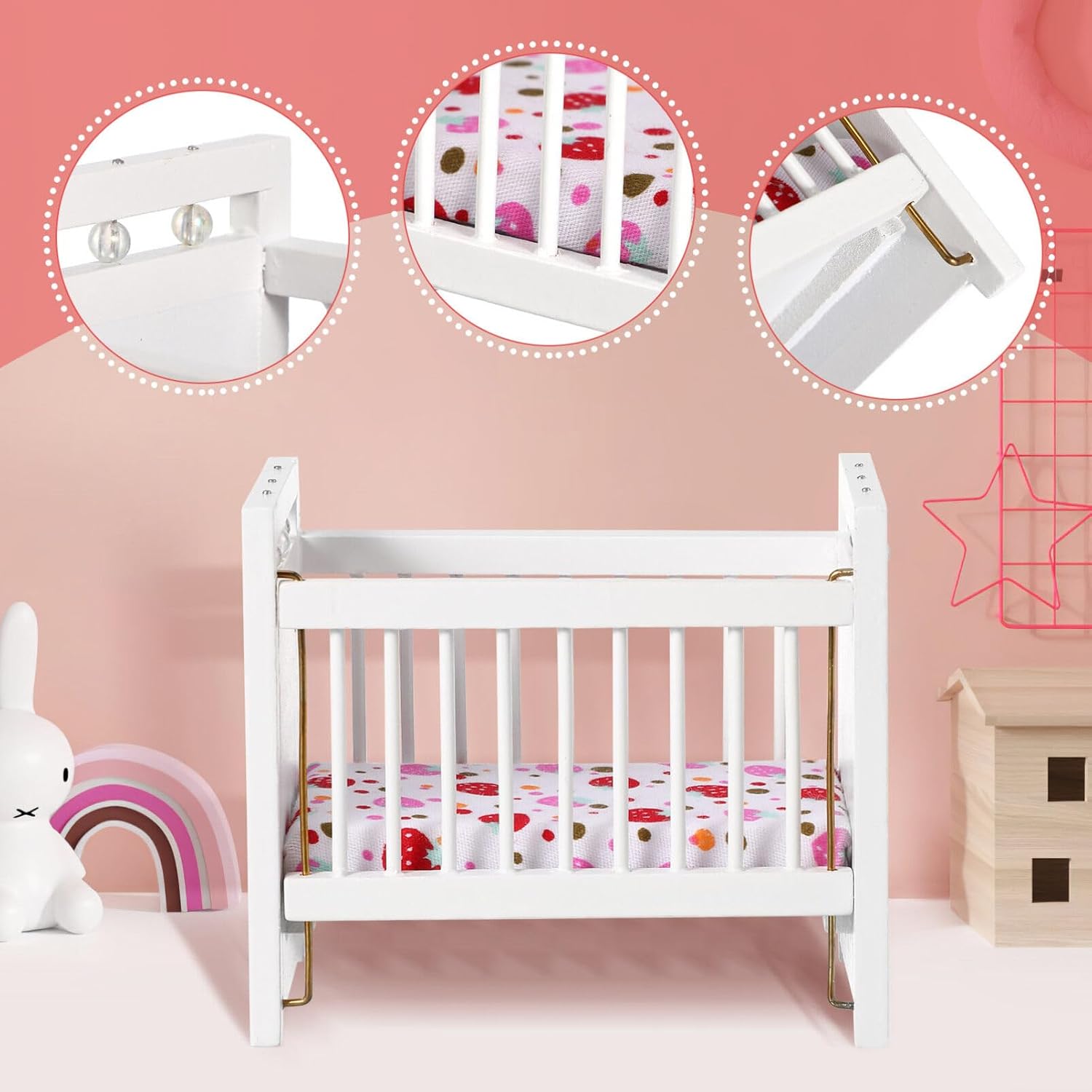 Dollhouse Miniature White Baby Crib, 1:12 Scale Wooden Rocking Cradle Furniture Compatible with Calico Critters Mice