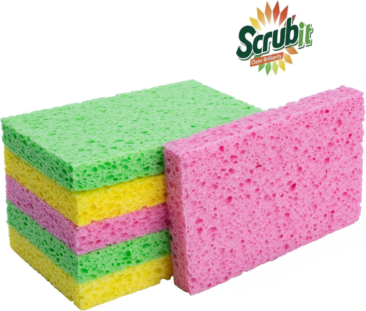 Cellulose Scrub Sponge - Kitchen Cleaning Sponges for Dishes, Pans, Pots & More- 6 Pack Dishwashing Sponges - Colors
