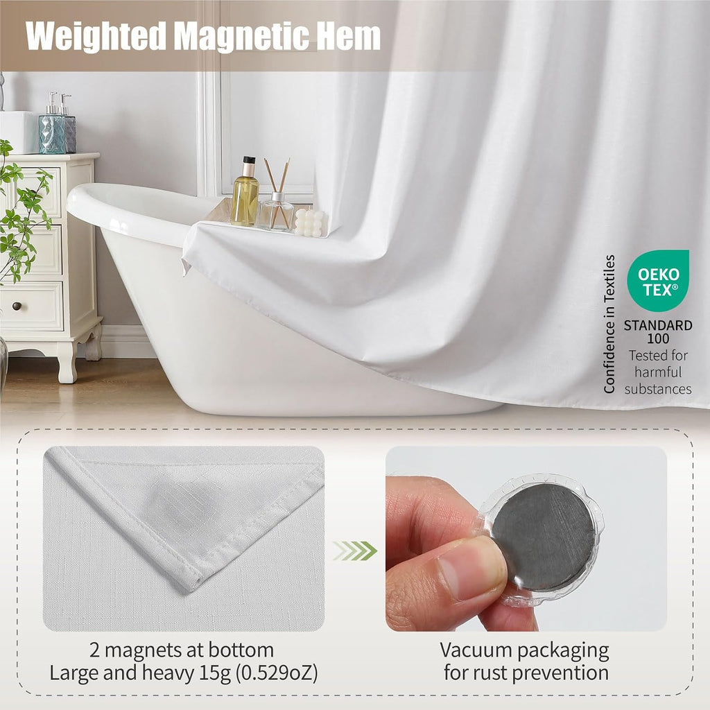 No Hook Shower Curtain, Waterproof Slub Fabric, White 71x74 in | no separate liner, split grommets, waterproof