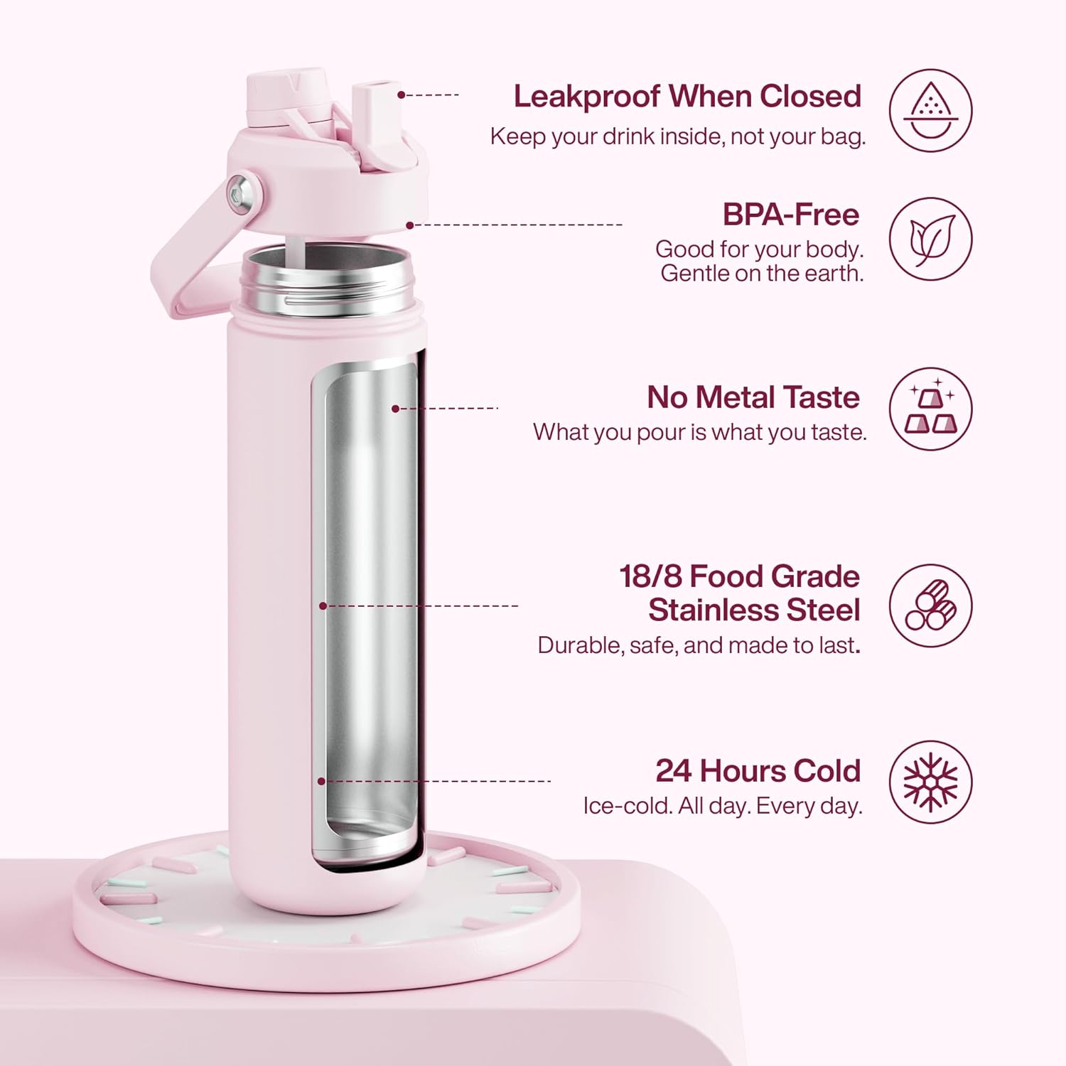 Insulated Water Bottle with Straw Stainless Steel Water Bottle, Leak-Proof, BPA-Free, Double Wall Vacuum Keeps Cold
